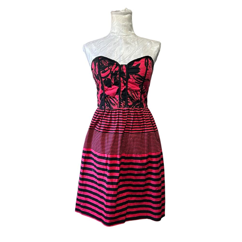 Vintage Y2K Strapless Floral Stripe Dress Smocked Back Sz Medium - Picture 2 of 14